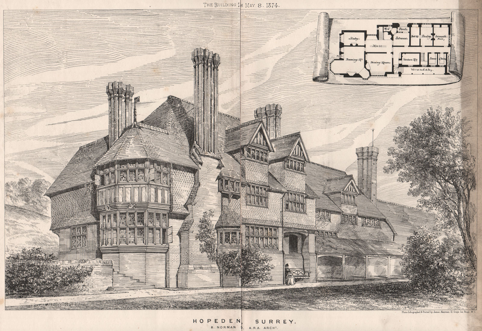 Hopeden, Surrey; R. Norman Sv, A.R.A. Architect 1874 old antique print picture